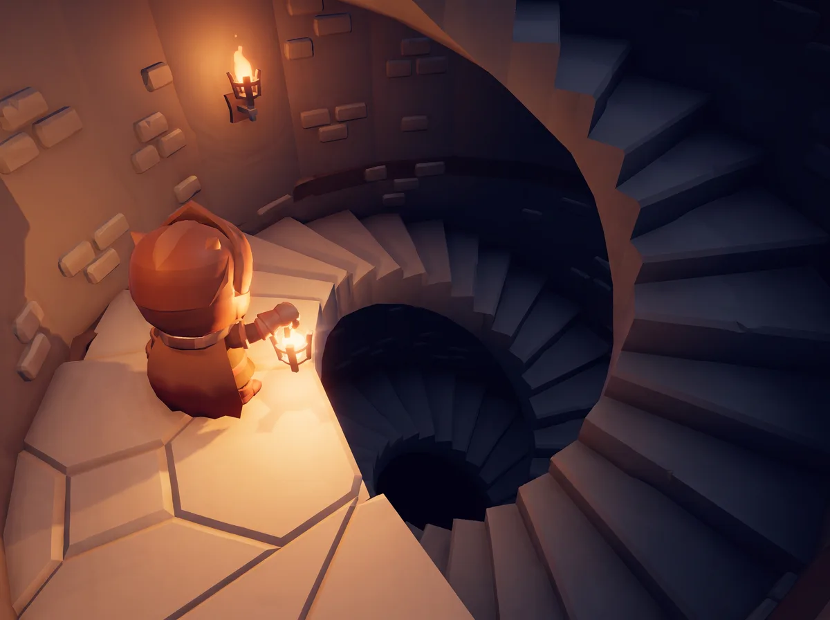 A hooded delver with a lantern stands at the top of a spiral stairwell descending into darkness.