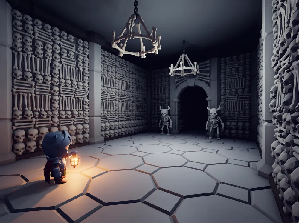 The Ossuary: bone-white walls of stacked skulls, bone chandeliers, two skeletons waiting in the dark.